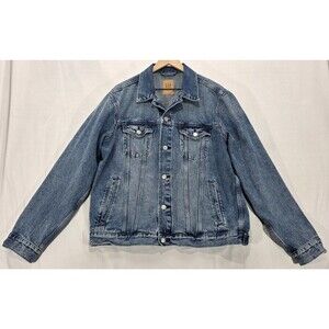 GAP Mens Icon Denim Trucker Jacket Large L Medium Wash Grunge Rigid Non-Stretch